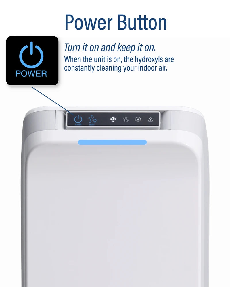 Power button: turn it on and keep it on. When the unit is on, the hydroxyls are constantly cleaning your indoor air.