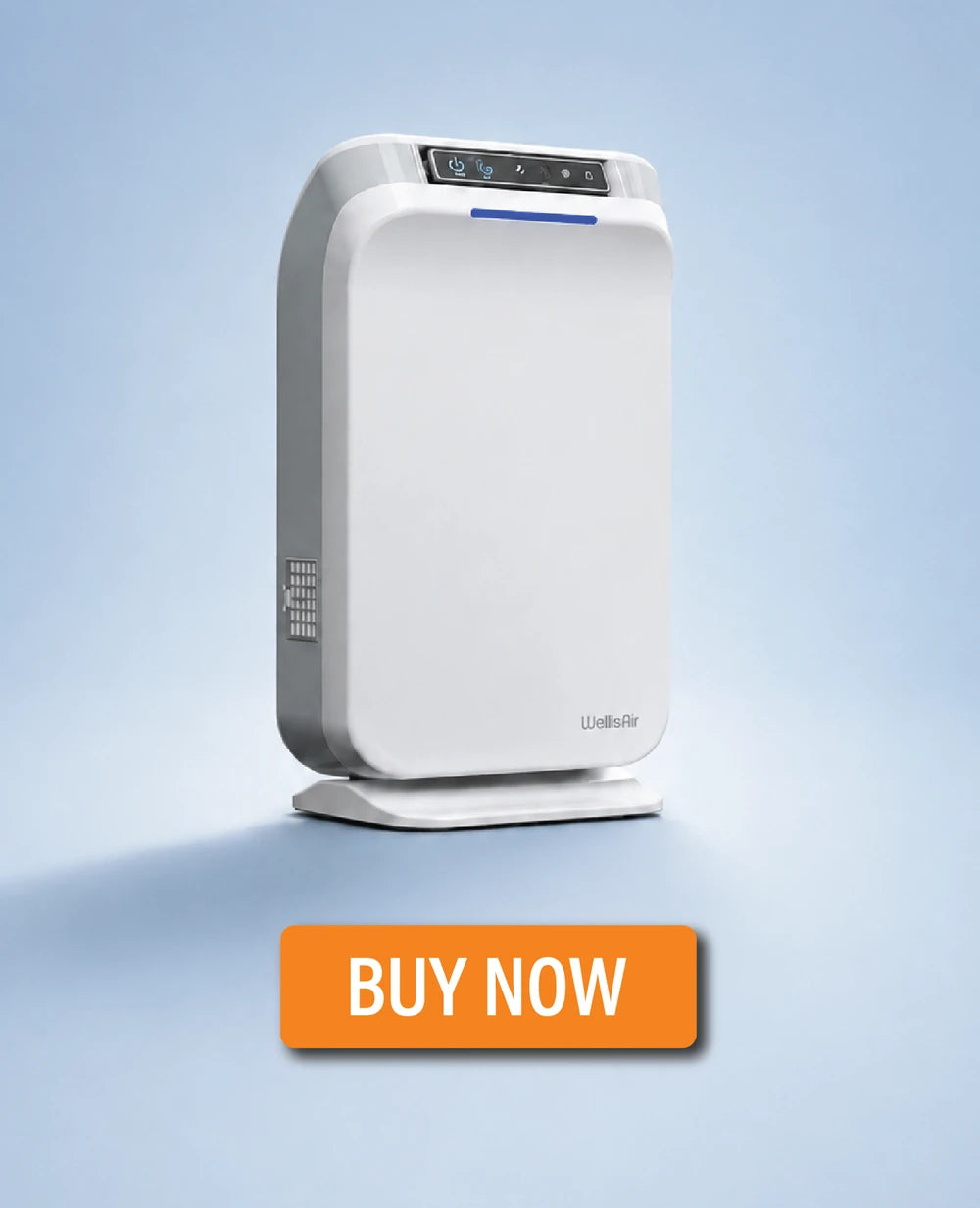 A WellisAir air purifier on a soft blue background